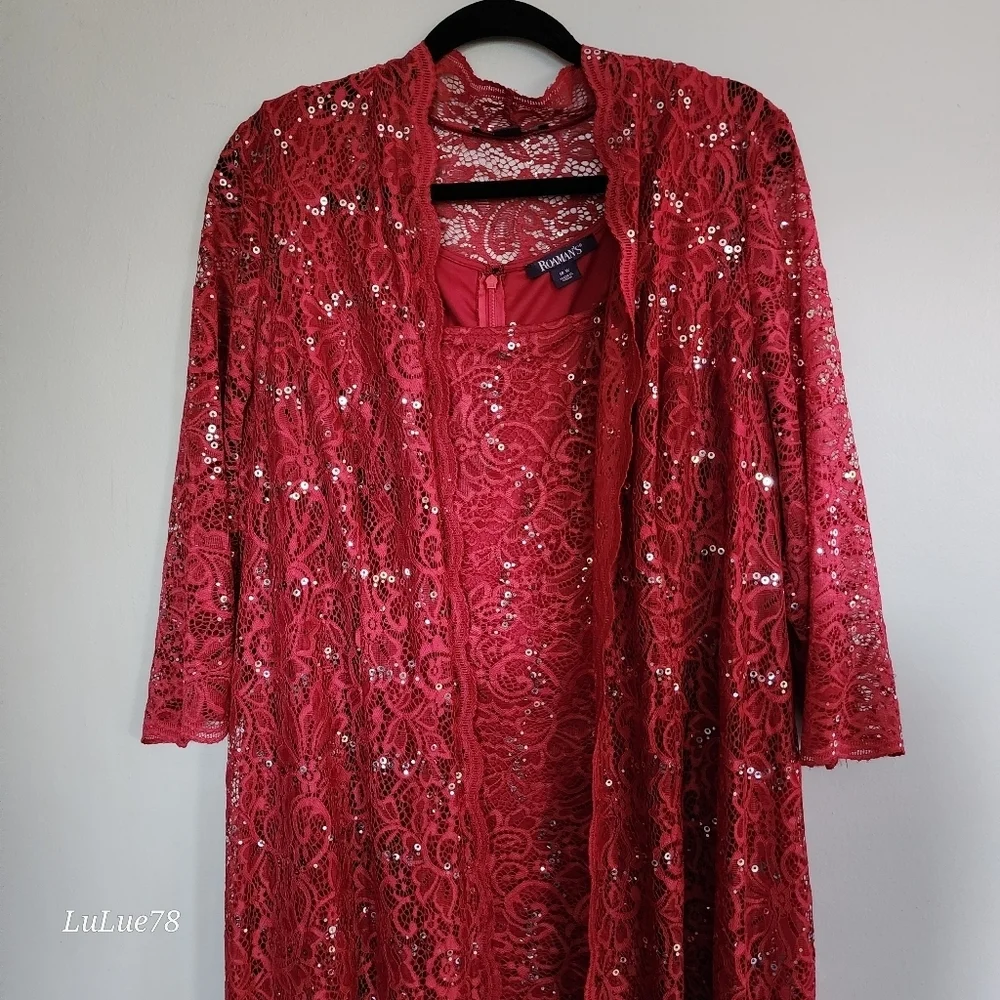 Roaman's Elegant Red Lace Sequin Women's Matching Duster & Dress Set 18W - Picture 9 of 15